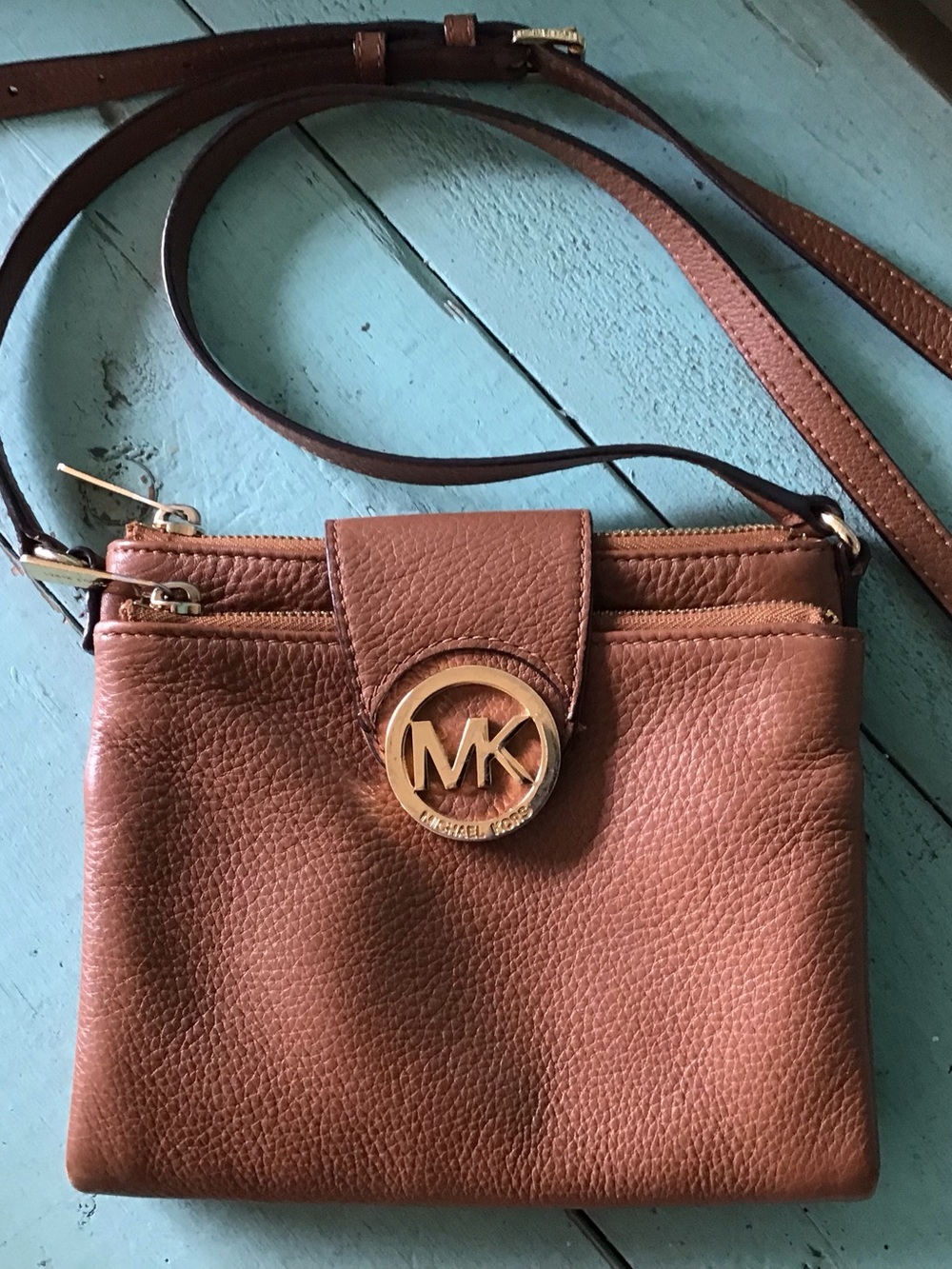 Michael Kors Cognac Pebbled Leather Crossbody with Gold MK Medallion
